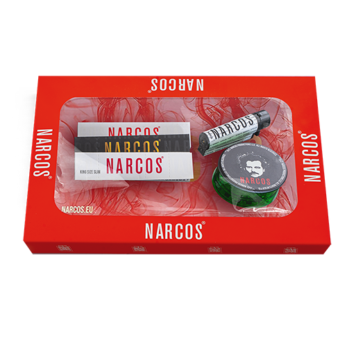 Narcos Geschenkset – Rosa Tray Edition | Grinder, Feuerzeug, Filtertips & Papers