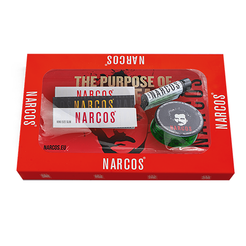 Narcos Geschenkset – Red Edition | Metall-Tray, Grinder, Feuerzeug, Tips & Papers