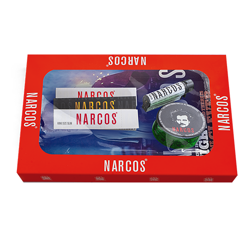 Narcos Geschenkset – Pablo Edition | Metall-Tray, Grinder, Feuerzeug, Tips & Papers