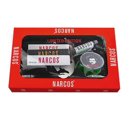 Narcos Geschenkset – Black-Tablett, Feuerzeug, Grinder, Filtertips & Papers (Weiß & Braun)