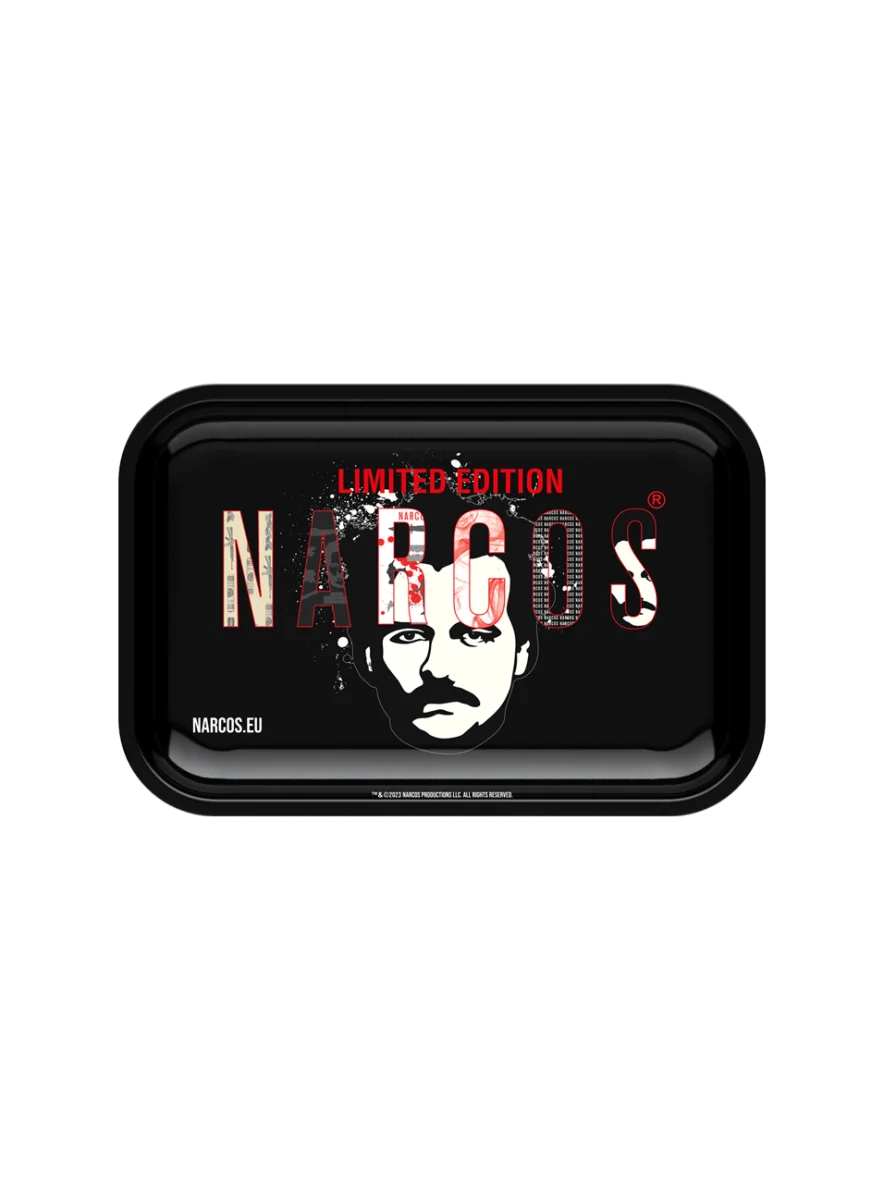Narcos Geschenkset – Black-Tablett, Feuerzeug, Grinder, Filtertips & Papers (Weiß & Braun)