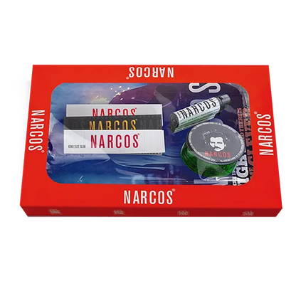 Narcos Geschenkset – Pablo Edition | Metall-Tray, Grinder, Feuerzeug, Tips & Papers