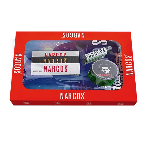 Narcos Geschenkset – Pablo Edition | Metall-Tray, Grinder, Feuerzeug, Tips & Papers