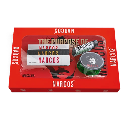 Narcos Geschenkset – Red Edition | Metall-Tray, Grinder, Feuerzeug, Tips & Papers