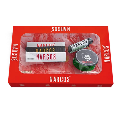 Narcos Geschenkset – Rosa Tray Edition | Grinder, Feuerzeug, Filtertips & Papers