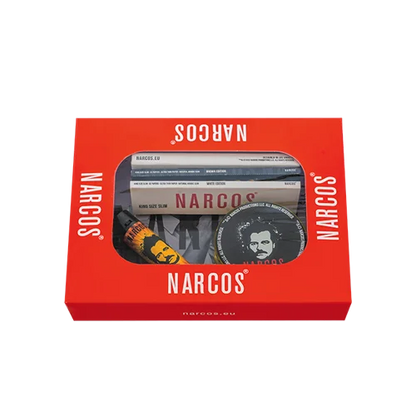 Narcos Geschenkset small– Weiß Edition | Metall-Tray, Grinder, Feuerzeug, Tips & Papers