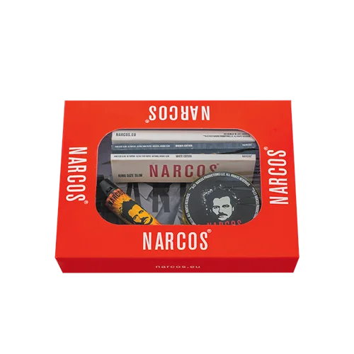 Narcos Geschenkset small– Weiß Edition | Metall-Tray, Grinder, Feuerzeug, Tips & Papers